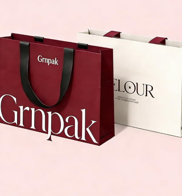 Custom paper bags with logo printing for gift giving and shopping, manufactured by Grnpak in China with sustainable materials and eco-friendly packaging solutions.