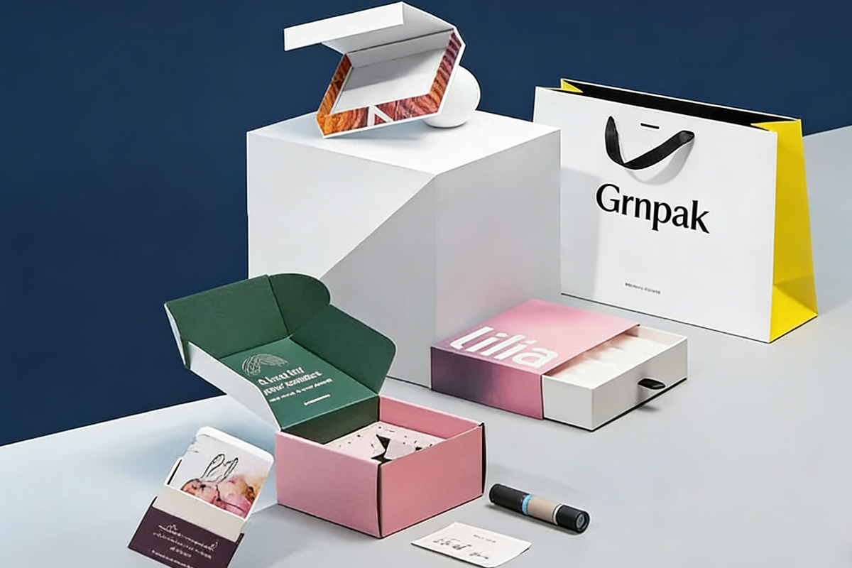 Sustainable packaging design innovation by Grnpak featuring eco-friendly materials, upcycling techniques, and creative formats for custom foldable gift boxes and magnetic box packaging solutions.